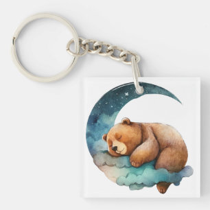 Cute Teddy Bear Sleeping on the Crescent Moon Key Ring