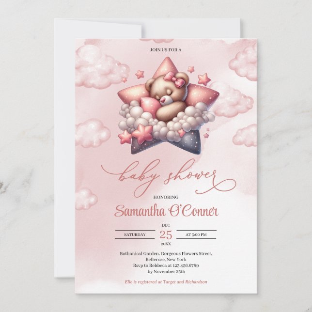 Cute teddy bear sleeping on the stars rose gold  invitation (Front)