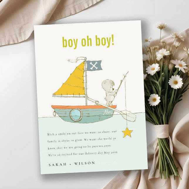 Cute Teddy Bear Star Sailboat Baby Announcement (Creator Uploaded)