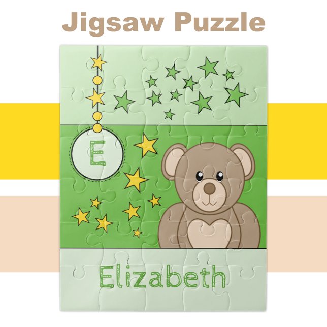 Cute teddy bear stars name green kids jigsaw puzzle (Creator Uploaded)