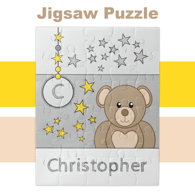 Cute teddy bear stars name grey jigsaw puzzle (Creator Uploaded)