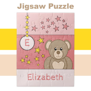 Cute teddy bear stars name pink jigsaw puzzle