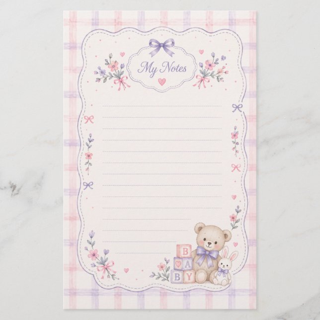 Cute Teddy Bear Stationery | Lined Note Paper (Front)