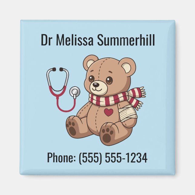 Cute Teddy Bear Stethoscope Paediatrician Blue Magnet (Front)