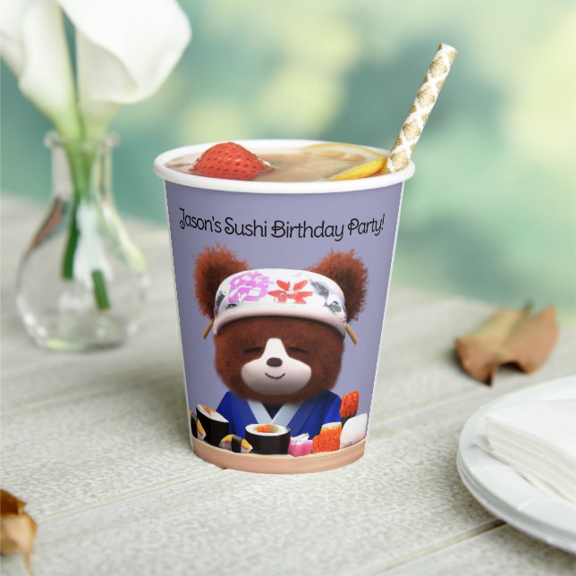 Cute Teddy Bear Sushi Chef Birthday Party Paper Cups (Insitu)