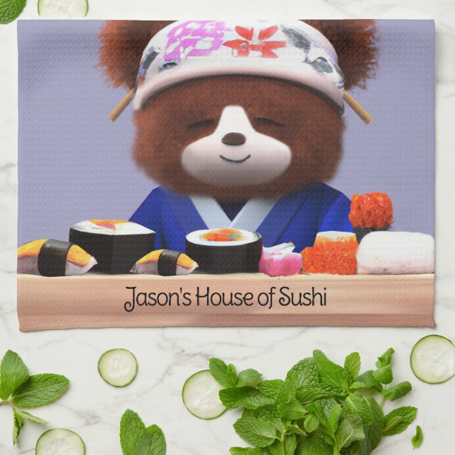Cute Teddy Bear Sushi Chef Tea Towel (Folded)
