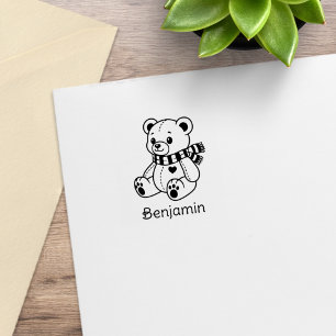 Cute Teddy Bear Toy with Scarf Custom Name 1x1 Rubber Stamp