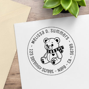 Cute Teddy Bear Toy with Scarf Round Address Rubber Stamp