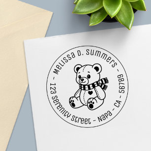 Cute Teddy Bear Toy with Scarf Round Address Self-inking Stamp