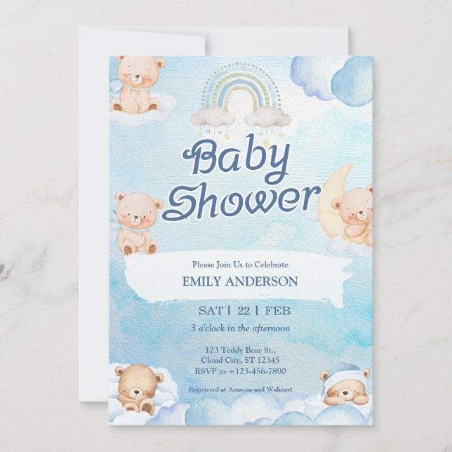 Cute Teddy Bear Twinkle Little Star Cloud Invitation (Front)