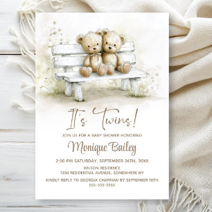 Cute Teddy Bear Twins Baby Shower Invitation