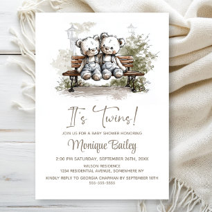 Cute Teddy Bear Twins Baby Shower Invitation