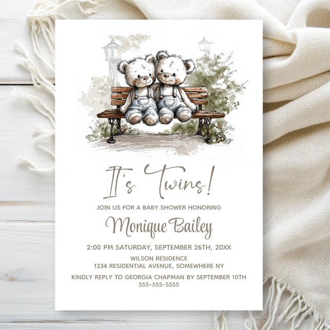 Cute Teddy Bear Twins Baby Shower Invitation (Creator Uploaded)