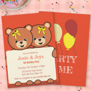 Cute Teddy Bear Twins or Siblings Birthday Party  Invitation