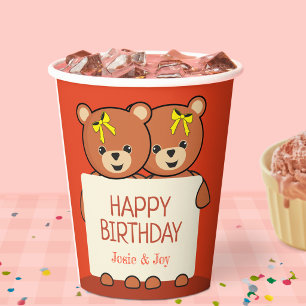 Cute Teddy Bear Twins or Siblings Birthday Party  Paper Cups