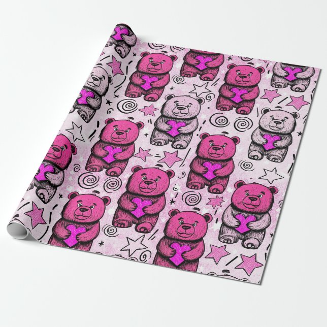 Cute Teddy Bear Valentine Pattern Wrapping Paper (Unrolled)