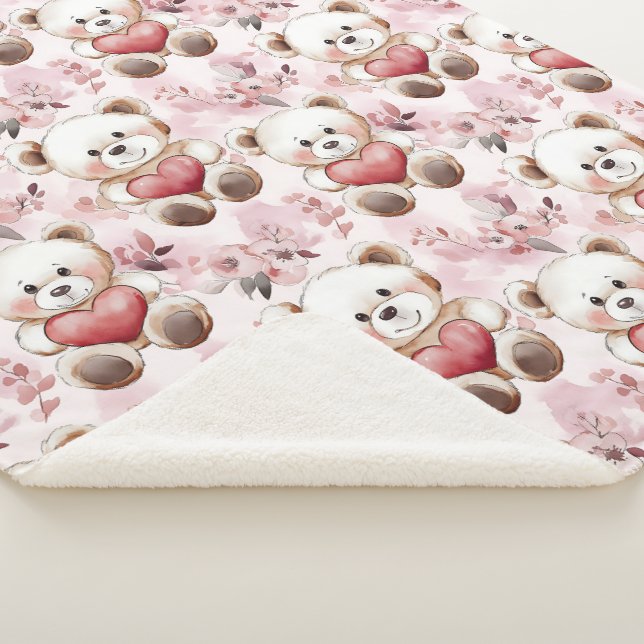 Cute Teddy Bear Valentine’s Day Hearts Pattern  Sherpa Blanket (3/4)