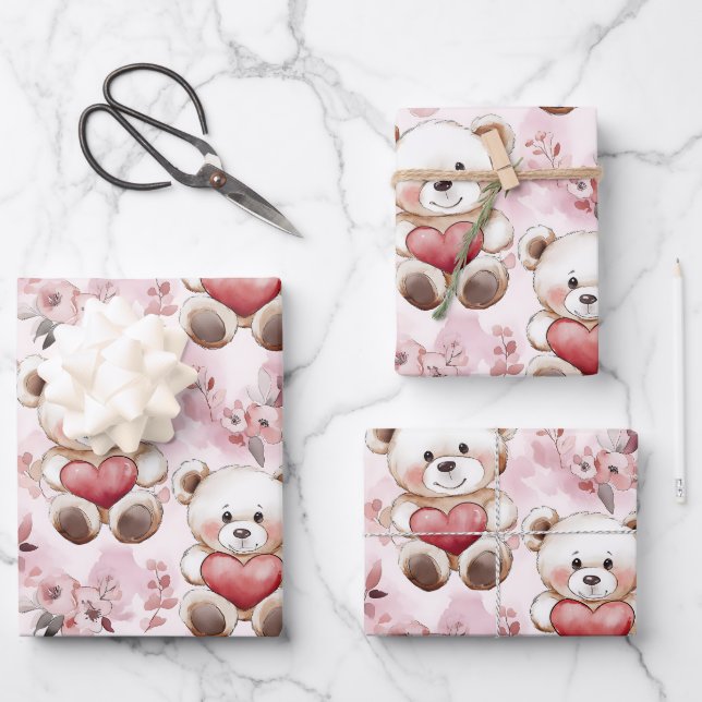 Cute Teddy Bear Valentine’s Day Hearts Pattern  Wrapping Paper Sheet (Front)
