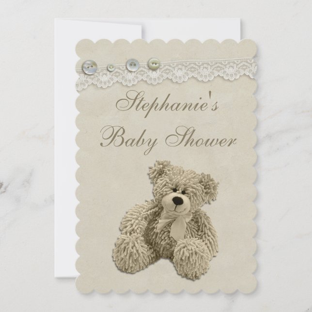 Cute Teddy Bear Vintage Lace Baby Shower Invitation (Front)