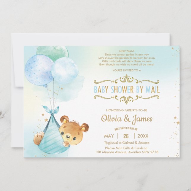 Cute Teddy Bear Virtual Baby Shower by Mail Boy Invitation (Front)