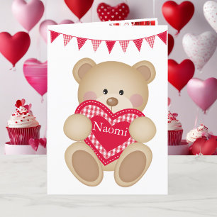 Cute Teddy Bear w Red Heart Add Name Holiday Card