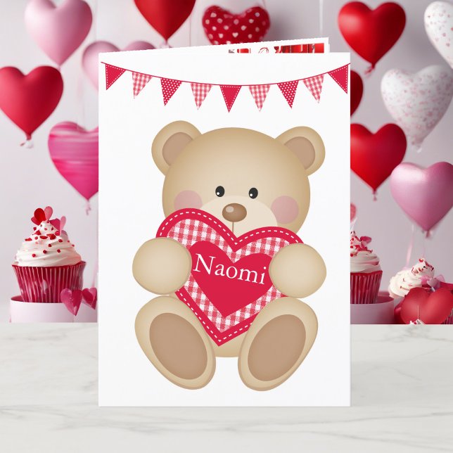 Cute Teddy Bear w Red Heart Add Name Holiday Card (Creator Uploaded)