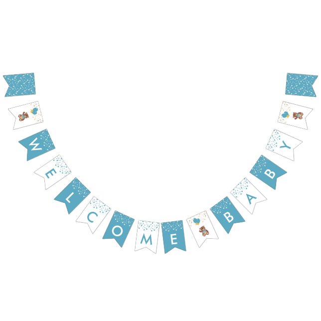 Cute Teddy Bear Welcome Baby Boy Blue Gold Shower Bunting (All)