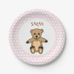 Cute Teddy Bear White Dots on Pink Birthday Paper Plate