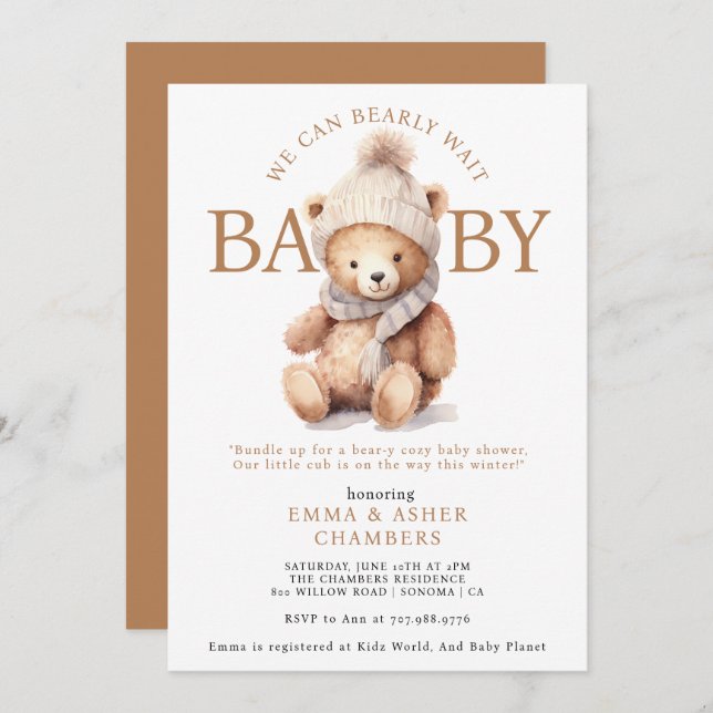 Cute Teddy Bear Winter Baby Shower Invitation (Front/Back)