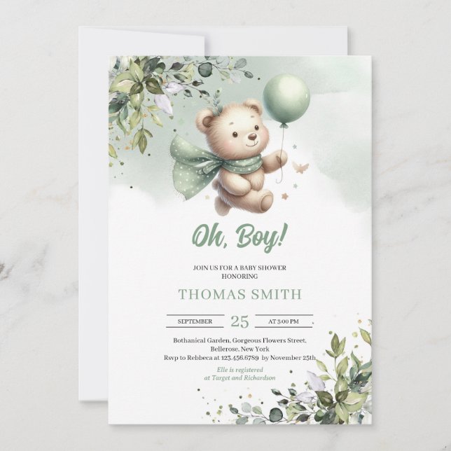 Cute teddy bear with balloon gender neutral green invitation (Front)