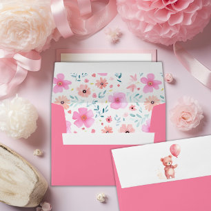 Cute Teddy Bear with Balloon Pink Floral Envelope