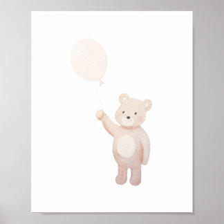 Cute Teddy Bear with Balloon Watercolor Nursery Poster