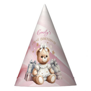Cute Teddy Bear with Balloons and Gifts Party Hat