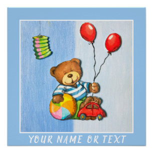 Cute Teddy Bear with Balloons Ball Car Kid`s Poster