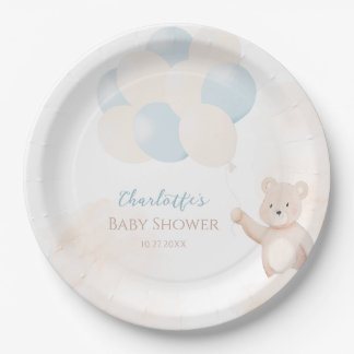Cute Teddy Bear with Balloons Boy Baby Shower Paper Plate