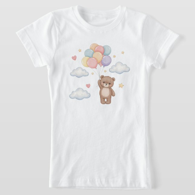 Cute Teddy Bear with Balloons in the Sky T-Shirt (Laydown)
