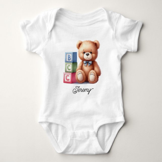 Cute Teddy Bear with Blocks Baby Bodysuit (Front)