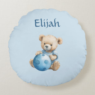 Cute Teddy Bear with Blue Ball Round Cushion