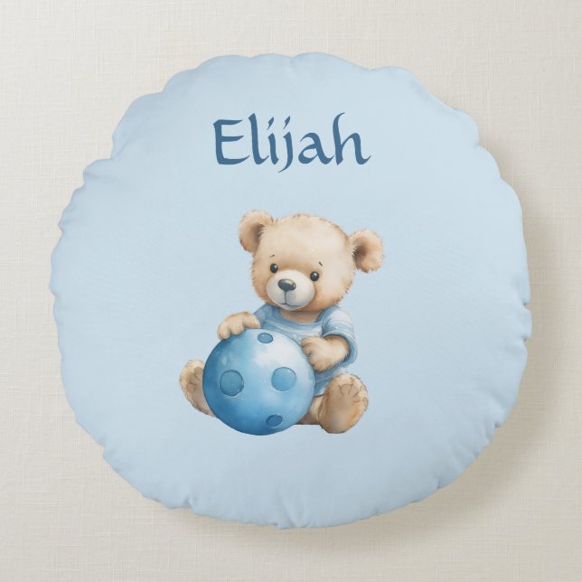 Cute Teddy Bear with Blue Ball Round Cushion (Front)