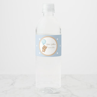 Cute Teddy Bear with Blue Balloon Boy Baby Shower Water Bottle Label