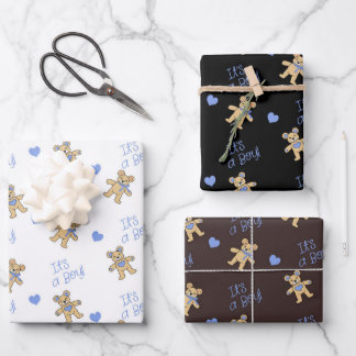 Cute Teddy Bear with Blue Hearts Wrapping Paper Sheet