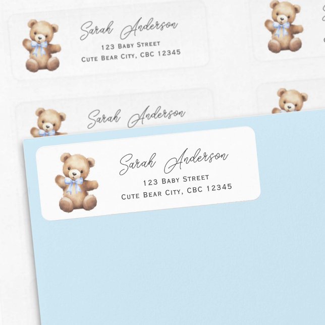 Cute Teddy Bear with Blue Ribbon Boy Shower (Blue Teddy Bear Return Labels.)