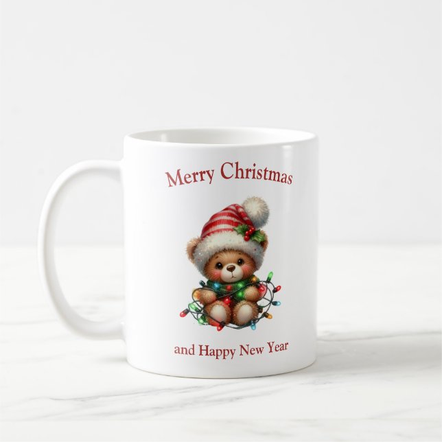 Cute teddy bear with Christmas lights and sweater Coffee Mug (Left)
