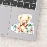 Cute Teddy Bear with Christmas Presents<br><div class="desc">Contour sticker with a cute illustration featuring a Victorian style teddy bear. Wearing a fancy red bow. Drawn in a a cute old fashioned vintage style. Red and blue pastel Christmas presents surround this warm-hearted bear.</div>