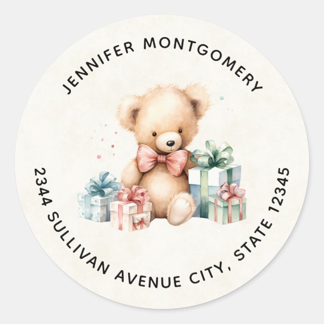Cute Teddy Bear with Christmas Presents - Address Classic Round Sticker (Front)