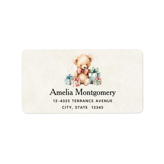 Cute Teddy Bear with Christmas Presents Address Label (Front)