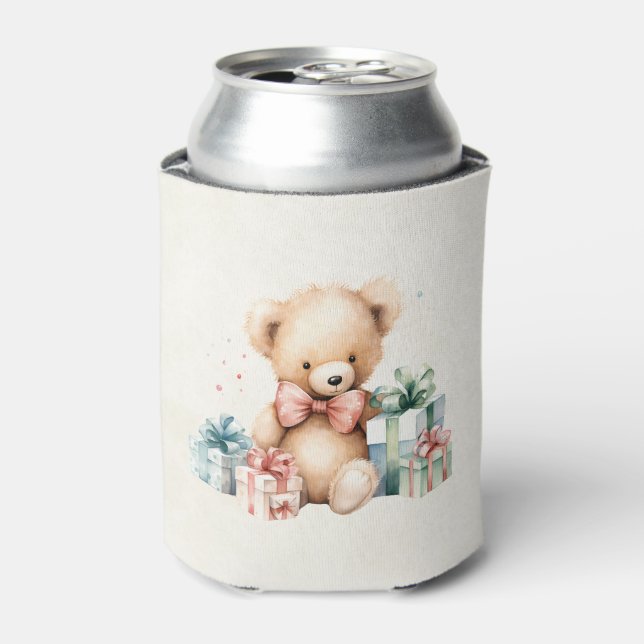 Cute Teddy Bear with Christmas Presents Can Cooler (Can Front)