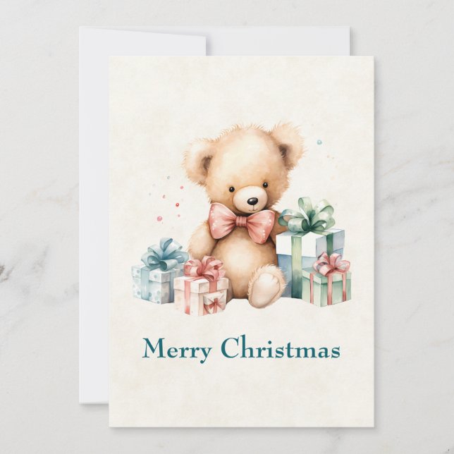 Cute Teddy Bear with Christmas Presents Holiday Card (Front)