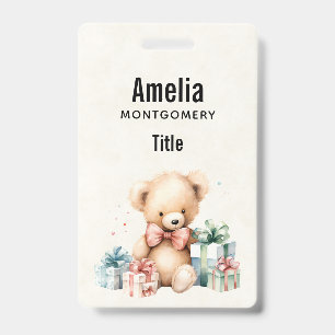 Cute Teddy Bear with Christmas Presents ID Badge
