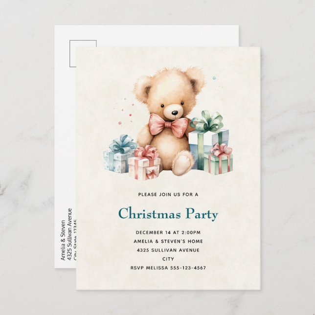 Cute Teddy Bear with Christmas Presents Invitation Postcard (Front/Back)